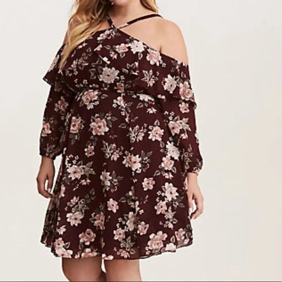 Torid Women's Plus Size 14 Burgundy Floral Cold Shoulder Boho Dress.  SKU# A-117 - Picture 1 of 16